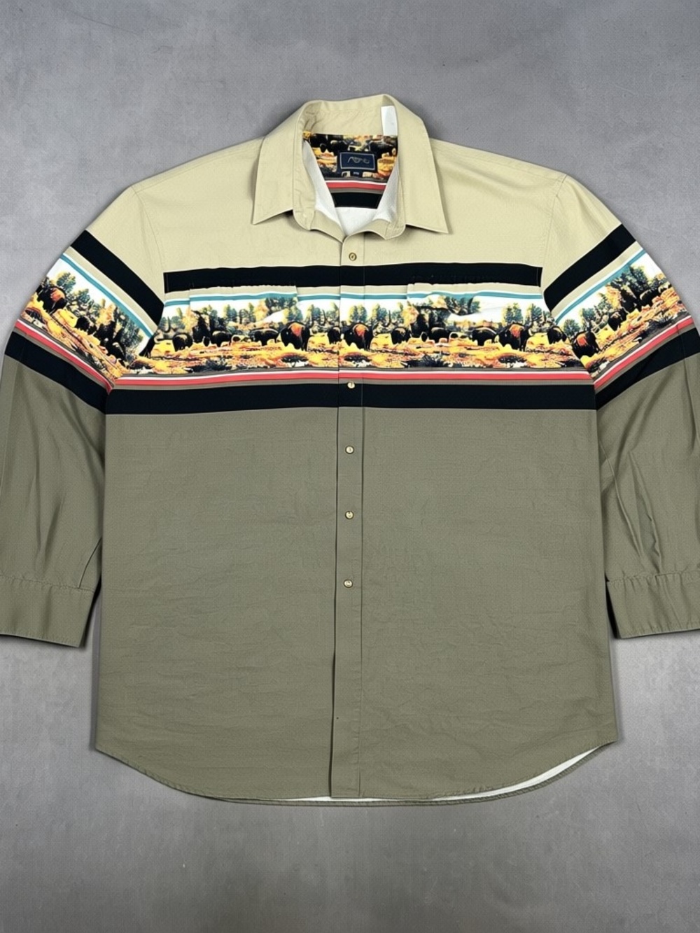 Roper Western Two-Tone Scenic Stripe Button-Down Shirt - Olive & Beige Vintage
